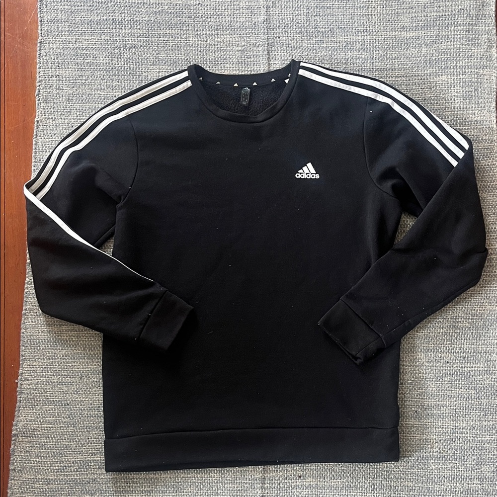 Adidas Stripes Black Crewneck Sweatshirt with White Shoulder Stripes Large